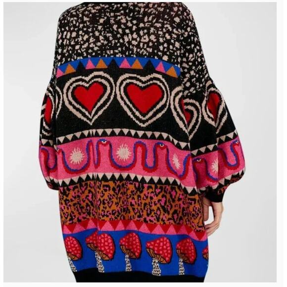 Farm Rio Ainika Elements Cardigan Sweater M Pink Heart Mushroom Pink Boho - Picture 4 of 10